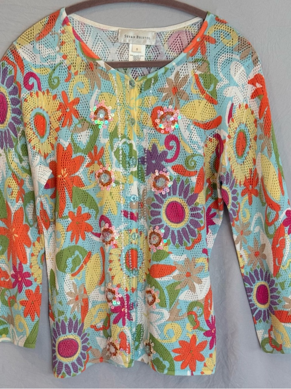 Susan Bristol Multicolor Pastel Floral Open-Knit  Detailed Button Top Y2K